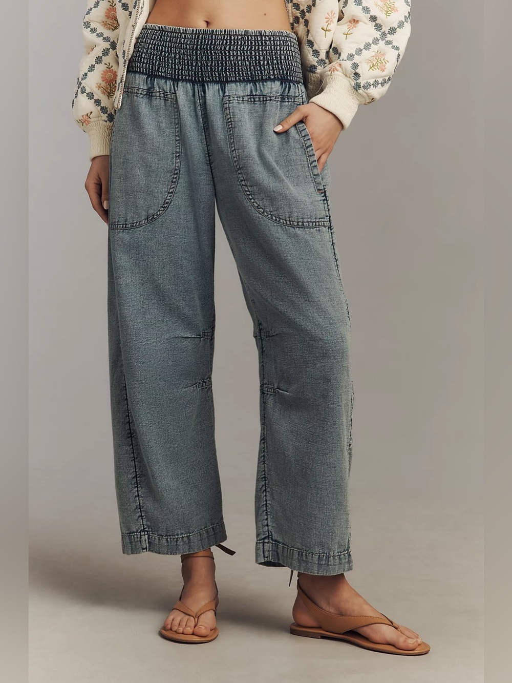 Pilcro Washed Blue Denim Wide-Leg Smocked Waist Pants